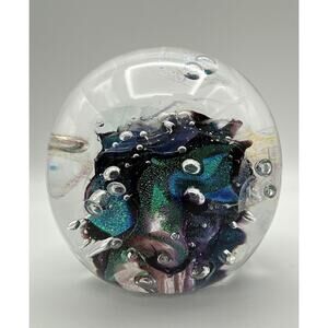 DAN JURKOVICH 2002 Art Glass 3” Paperweight Blue & Green Dichroic Swirls Signed